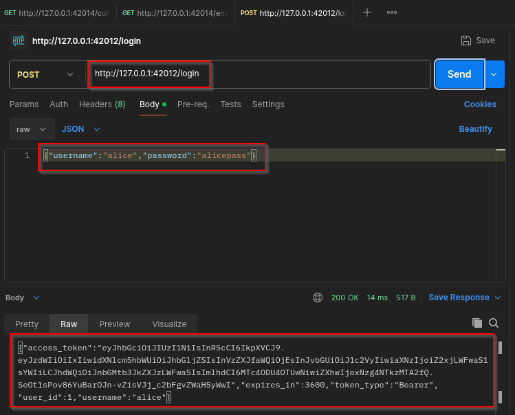 Postman POST login request returning Alice JWT access token from the API lab