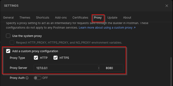 Postman Settings Proxy with custom proxy 127.0.0.1 port 8080 enabled
