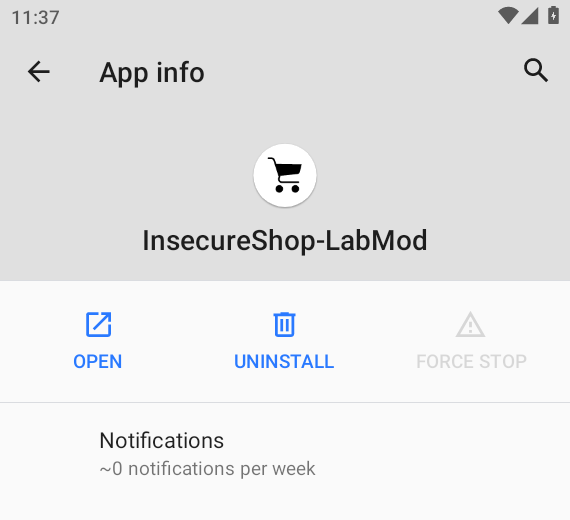 Android App info screen showing InsecureShop-LabMod after Apktool rebuild and resign