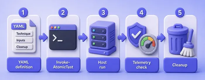 Five-step Atomic Red Team loop from YAML definition through Invoke-AtomicTest, host run, telemetry check, and cleanup