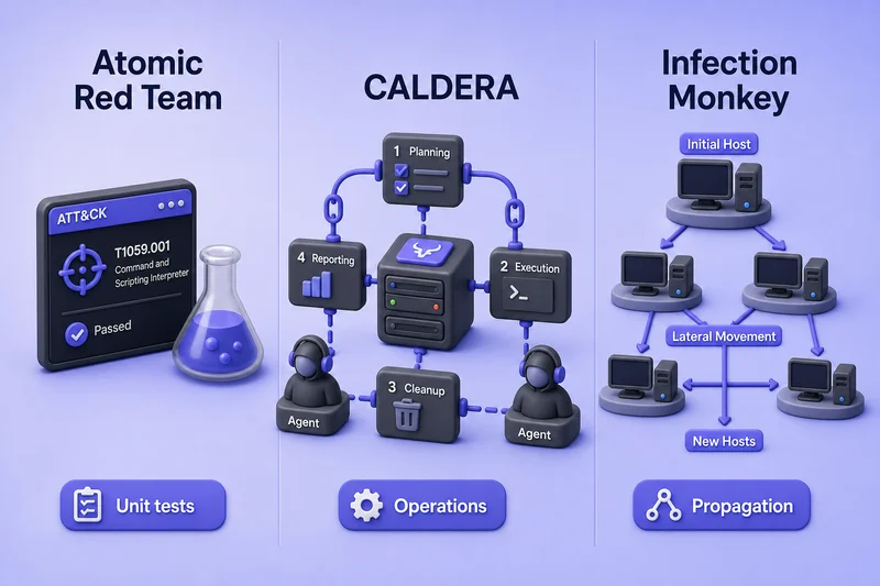 Three-column comparison of Atomic Red Team unit tests, CALDERA operations, and Infection Monkey propagation