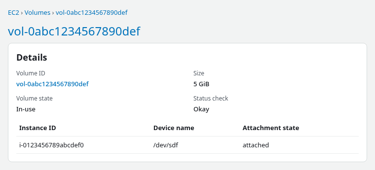 EC2 volume details showing a 5 GiB gp3 data volume with Volume state In-use and attachment state attached as dev sdf