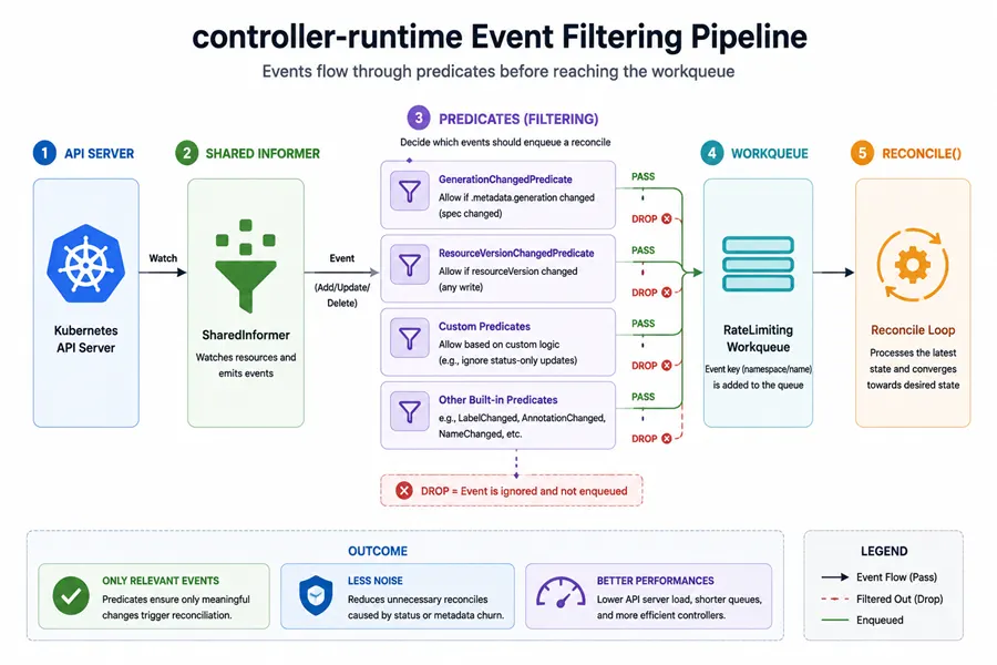 controller-runtime event filtering pipeline showing SharedInformer events passing through predicates before entering the workqueue and triggering Reconcile