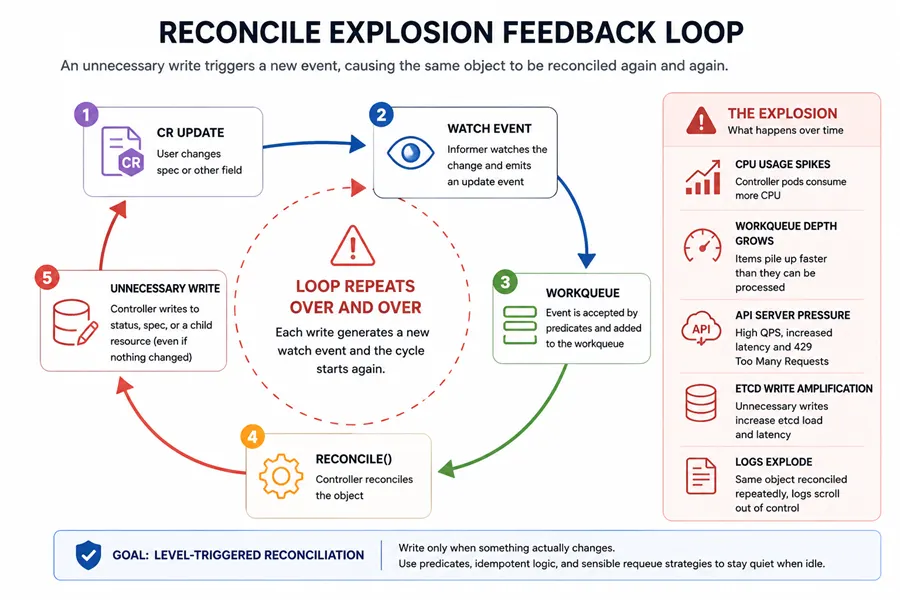 Reconcile explosion feedback loop where a controller writes status or spec, generates a new watch event, gets added back to the workqueue, and triggers another reconcile until API server pressure increases