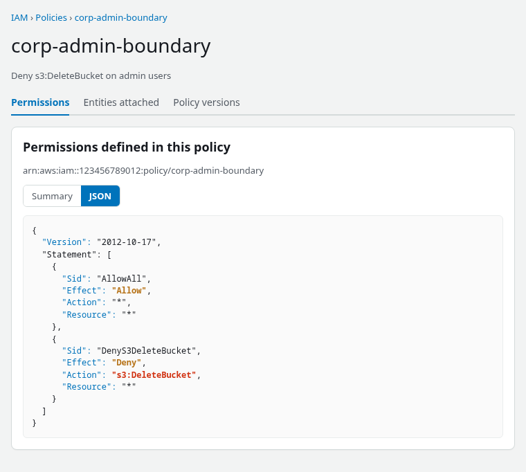 IAM policy JSON view with DenyS3DeleteBucket denying s3:DeleteBucket in a permissions boundary policy