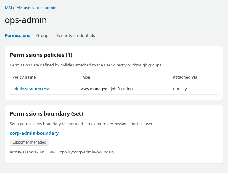 IAM user Permissions tab showing AdministratorAccess attached and corp-admin-boundary set as the permissions boundary