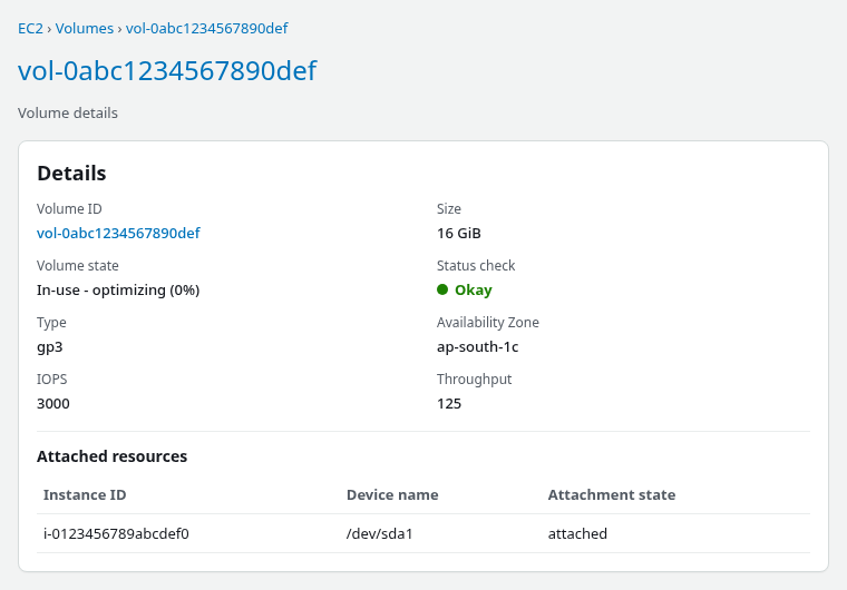 EC2 volume details showing a 16 GiB gp3 root volume in In-use optimizing state attached to the instance