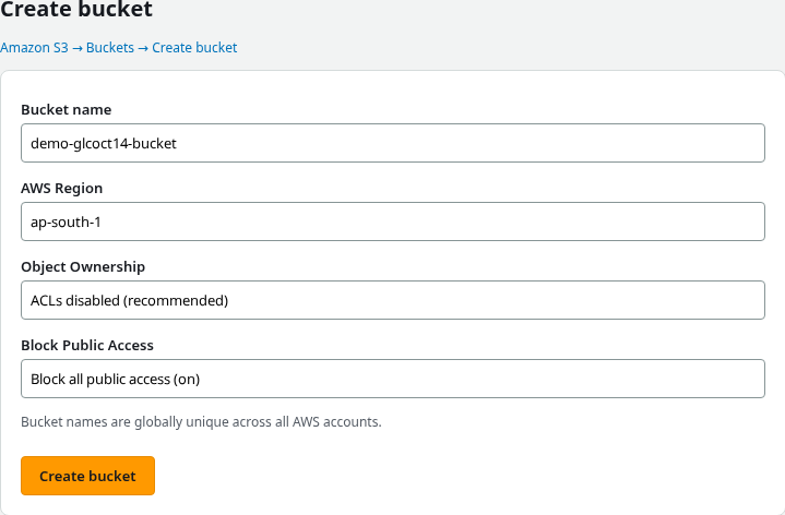 S3 create bucket with Region, Object Ownership, and Block Public Access enabled