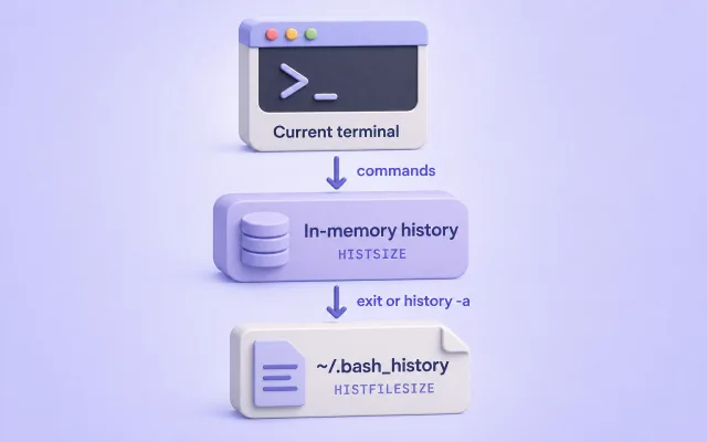 Commands flow from the current terminal into in-memory history, then to the persistent ~/.bash_history file on exit or with history -a