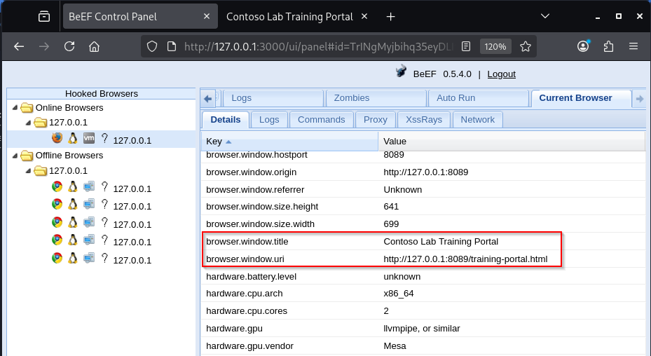 BeEF Details tab showing Contoso Lab Training Portal title and URI on port 8089
