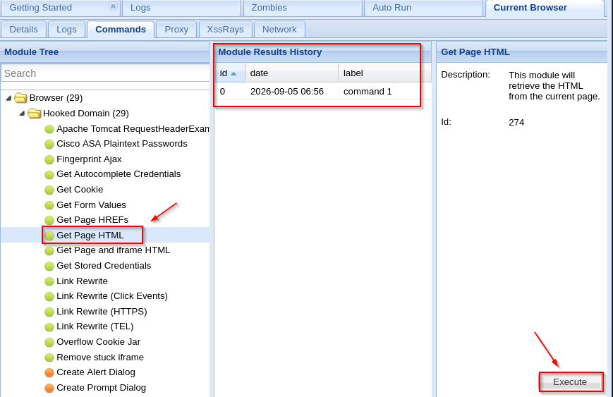 BeEF Commands tab with Get Page HTML selected, module results history, and Execute