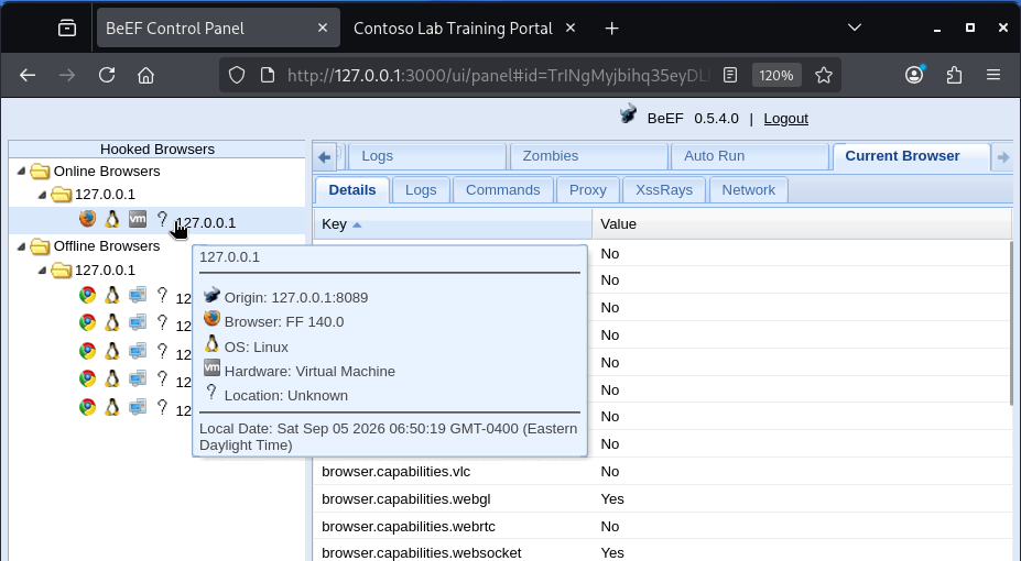 BeEF control panel with one Online hooked Firefox at 127.0.0.1 and Contoso lab tab open