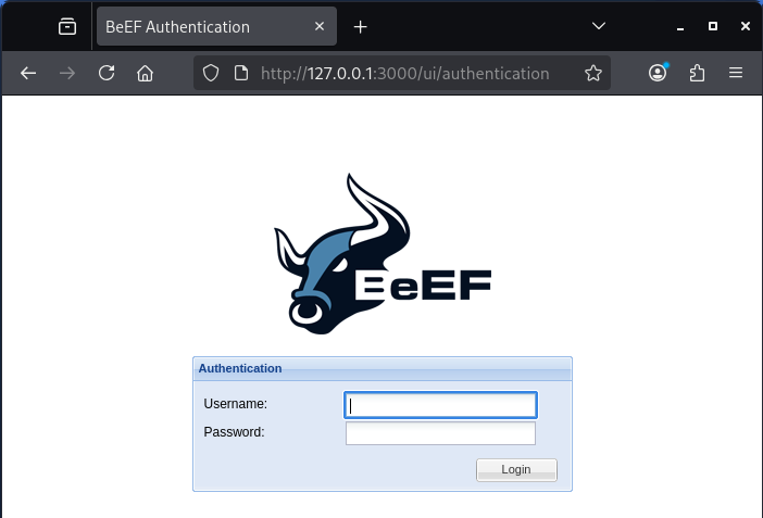 BeEF authentication page on Kali with ExtJS login form at 127.0.0.1:3000
