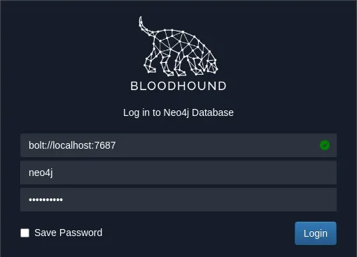 BloodHound Legacy login dialog connected to Neo4j at bolt localhost 7687 with neo4j username