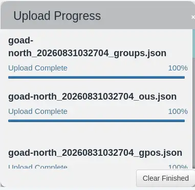 BloodHound Upload Progress showing a GOAD collector archive at 100 percent with post-processing complete