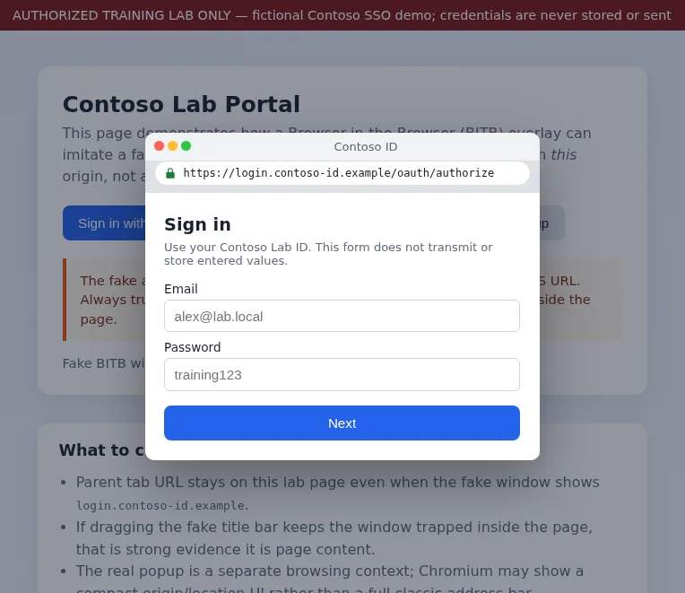 Fake Contoso ID SSO window overlay with painted HTTPS address bar