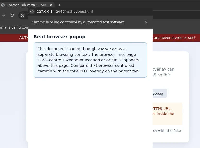 Parent Contoso tab and separate Chromium popup with browser-controlled origin UI
