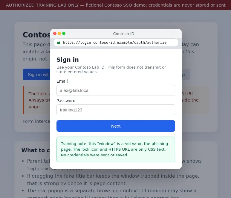 BITB overlay showing training note that credentials were not sent