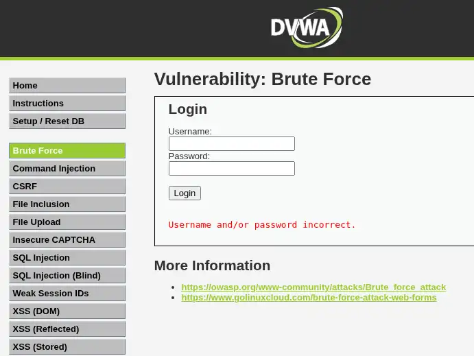 DVWA Brute Force failed login showing Username and/or password incorrect