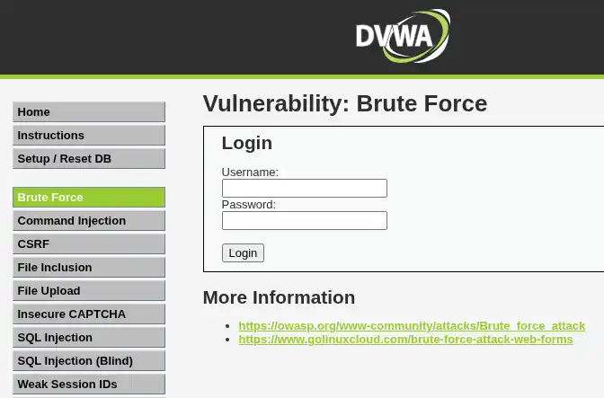 DVWA Brute Force form at security level low