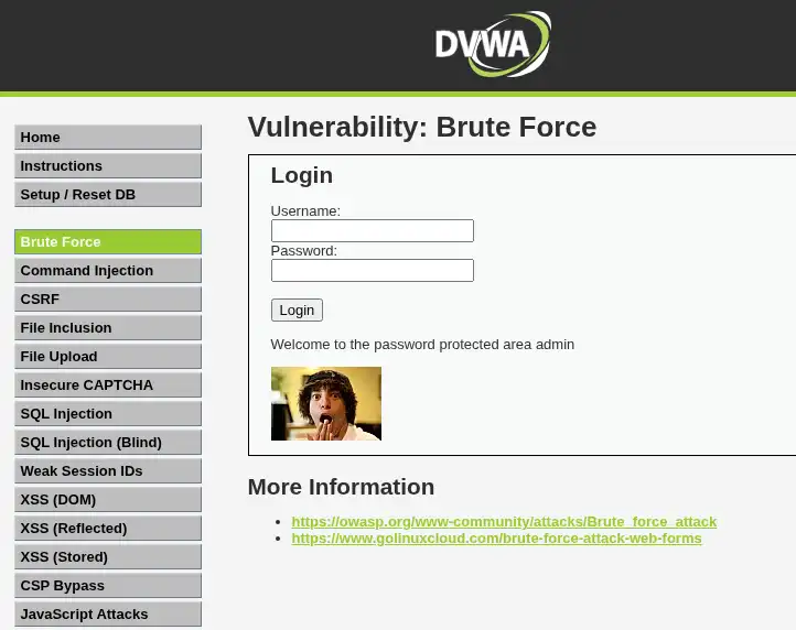 DVWA Brute Force successful login Welcome message for admin