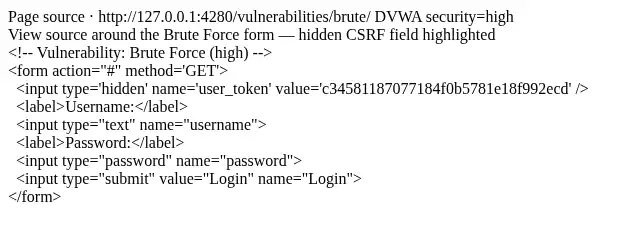 DVWA high-security Brute Force page source highlighting hidden user_token CSRF field