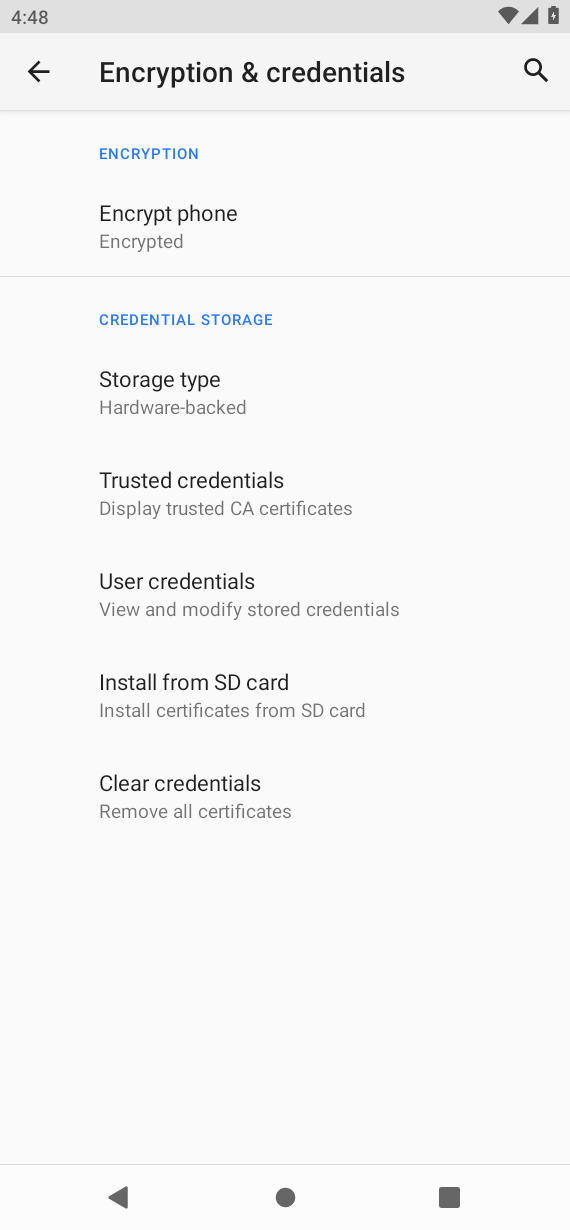Android Encryption and credentials screen showing Install from SD card on Genymotion Android 10