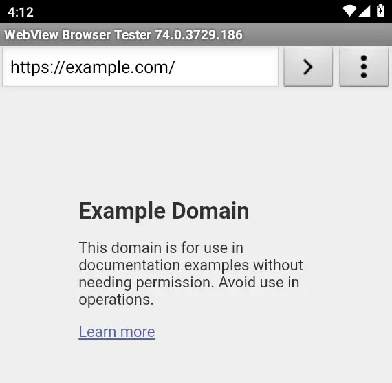 Android WebView showing example.com loaded over HTTPS through the Burp proxy