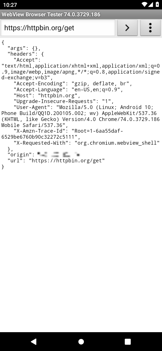 Android WebView showing httpbin.org/get JSON response including Android 10 User-Agent