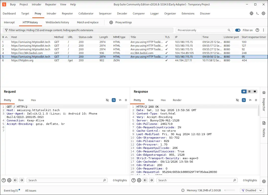 Burp Proxy HTTP history with an Android HTTPS request selected and decrypted request/response visible