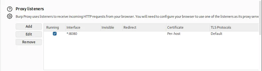 Burp Proxy settings showing Tools → Proxy listeners with Interface *:8080