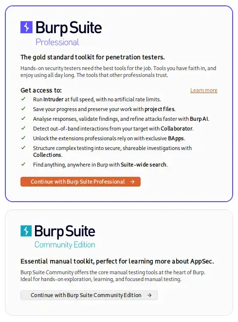 Burp Suite startup screen with Community Edition and Professional options