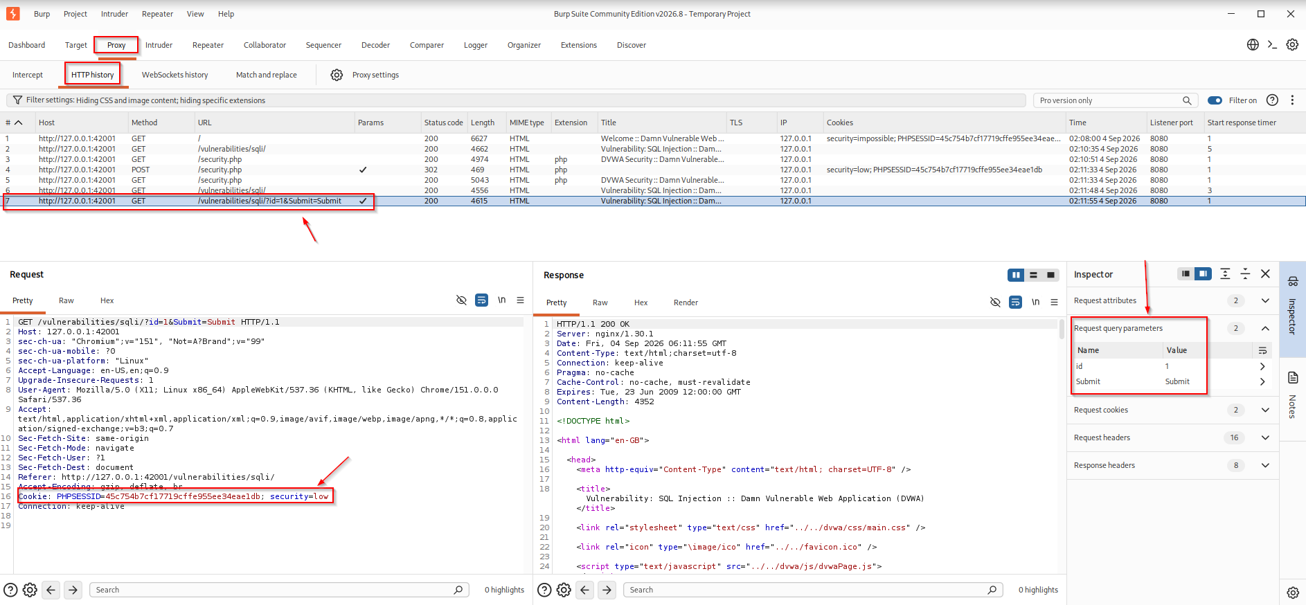 Burp HTTP history showing the DVWA SQL Injection request with id=1