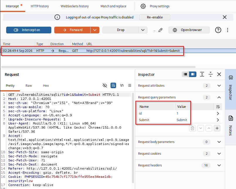 Burp Proxy intercepting a DVWA request containing the id parameter
