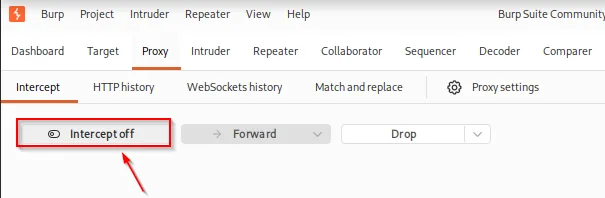 Burp Proxy Intercept tab with Intercept is off for normal browsing