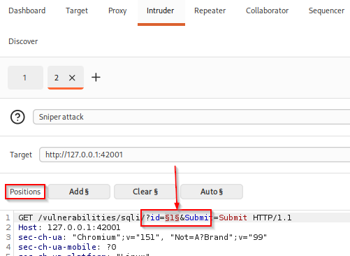 Burp Intruder with only the DVWA id value selected as the payload position