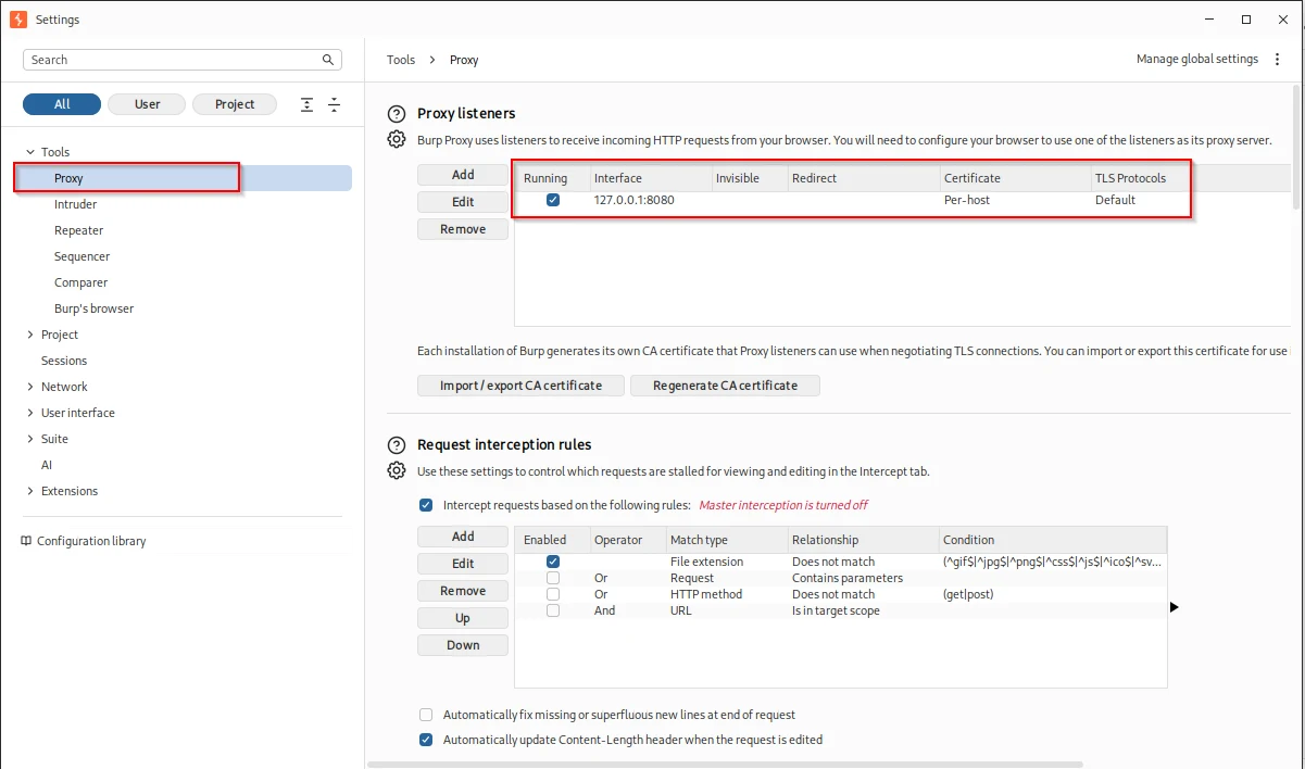 Burp Proxy settings showing the running listener on 127.0.0.1:8080