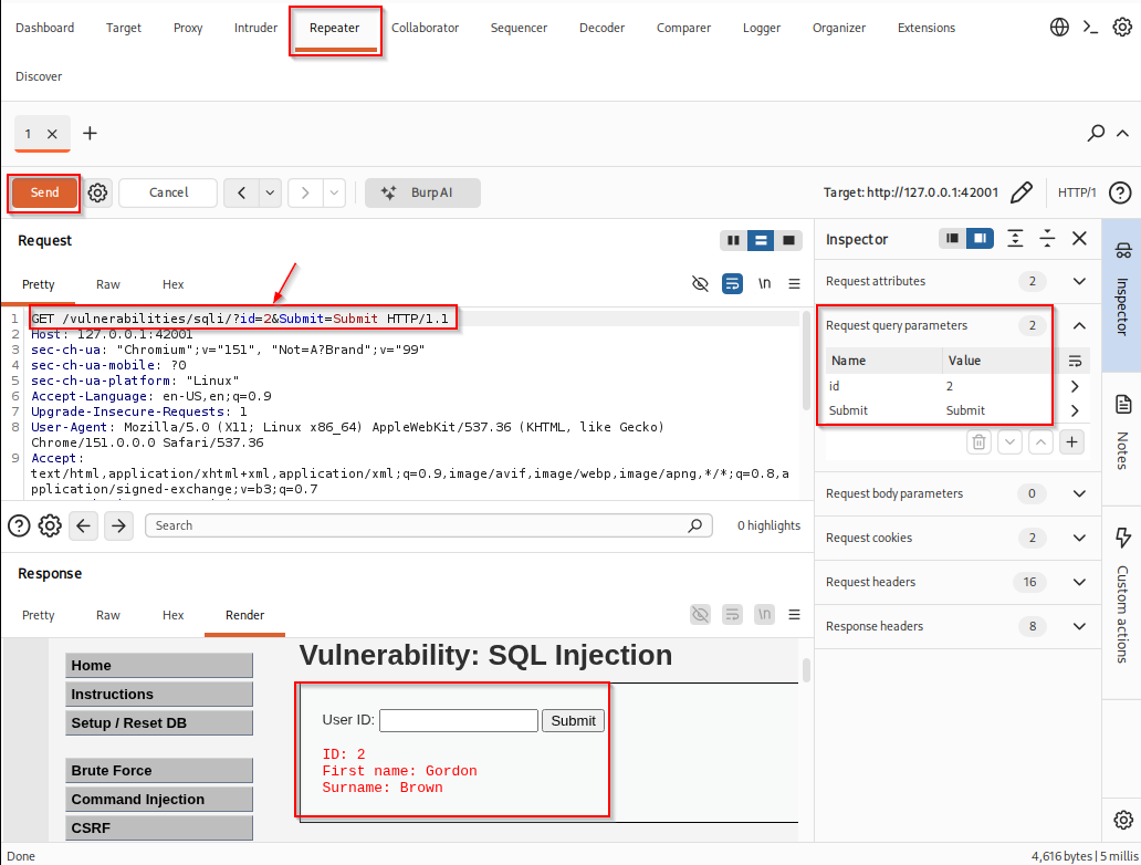 Burp Repeater replaying a modified DVWA request with id=2