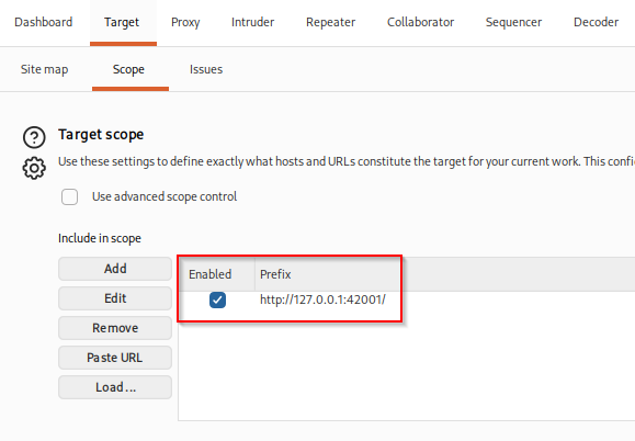 Burp Target Scope with http://127.0.0.1:42001 in the include list