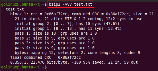 bzip2 verbose output showing verbosity level