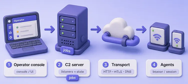 C2 architecture: operator console to C2 server and listeners, then transport to agents on endpoints