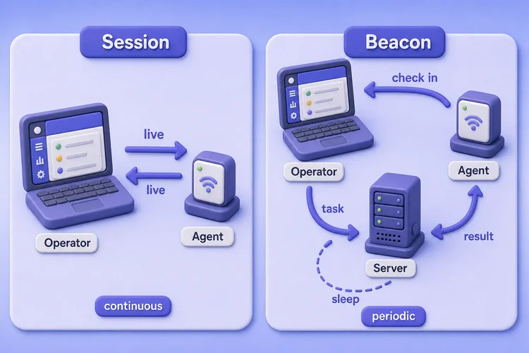 Session vs beacon: continuous live channel versus periodic check-in, task, result, and sleep