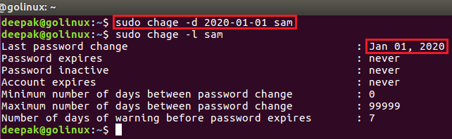 chage command to change last password change date in Linux