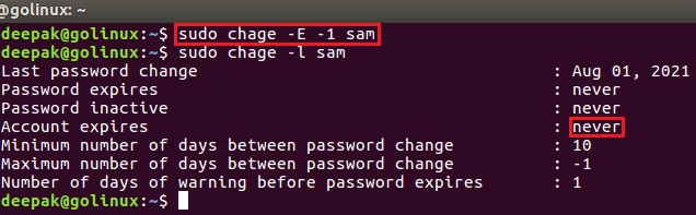 chage command to remove user account expiry date in Linux