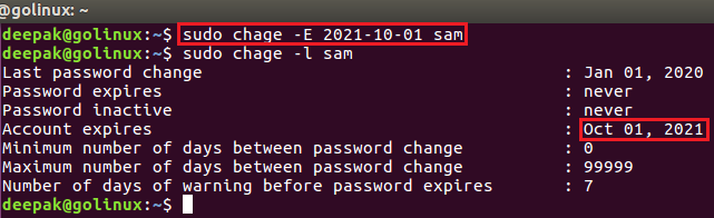 chage command to set user account expiry date in Linux