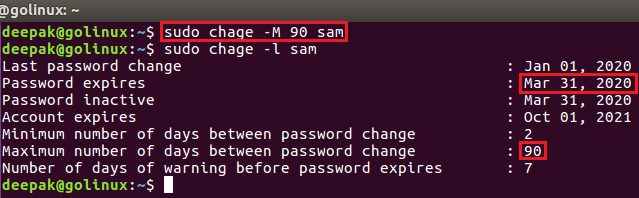 chage command to set maximum password validity in Linux
