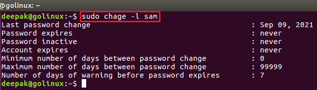 chage command to display user account aging information in Linux
