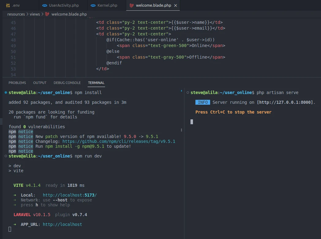 user online or offline on Laravel