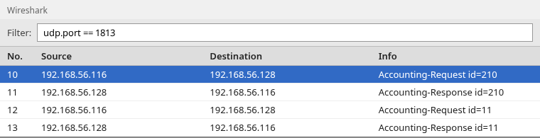 Wireshark list of RADIUS accounting requests and responses on UDP 1813