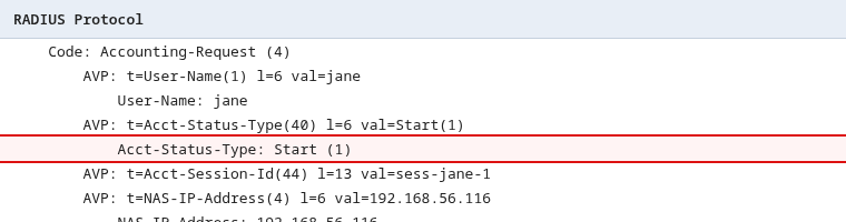 Wireshark Accounting-Request with Acct-Status-Type Start for jane